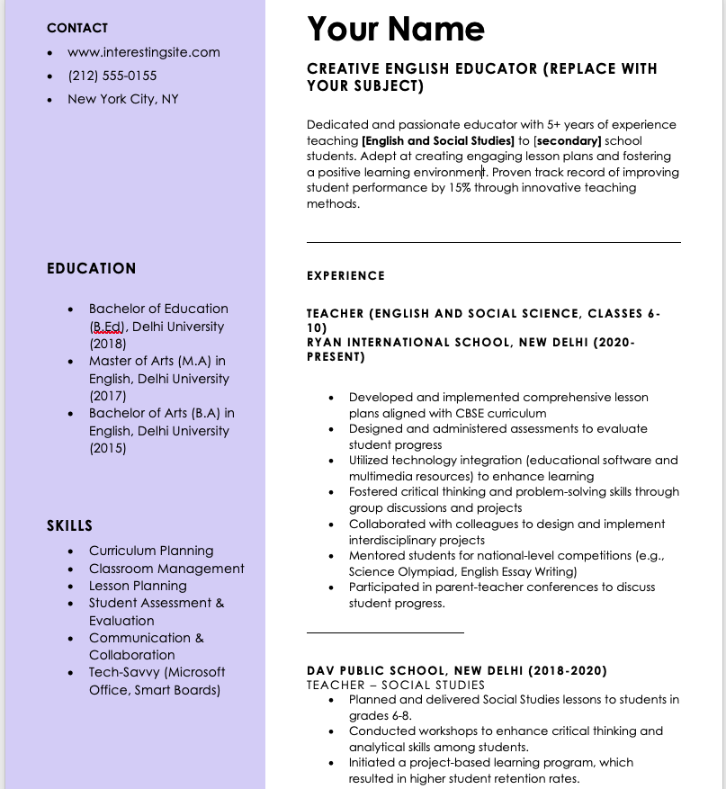 resume for teacher job